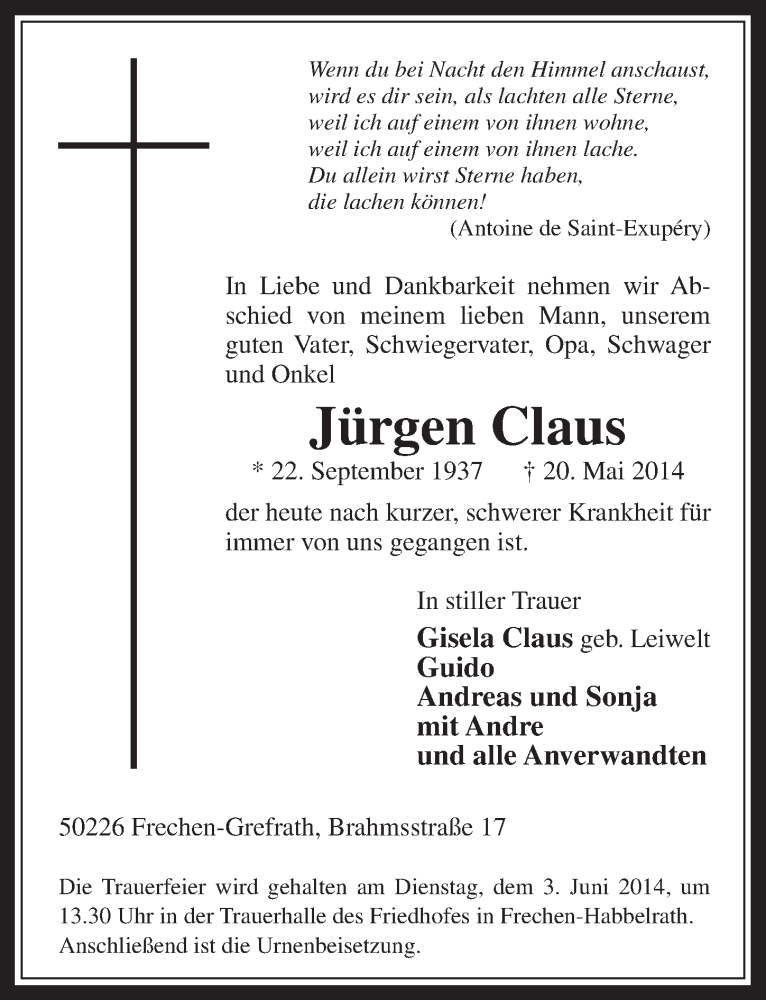  Traueranzeige für Jürgen Claus vom 28.05.2014 aus  Wochenende 