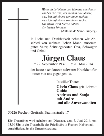 Anzeige von Jürgen Claus von  Wochenende 