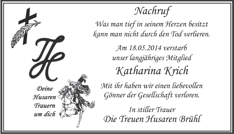  Traueranzeige für Katharina Krich vom 28.05.2014 aus  Schlossbote/Werbekurier 