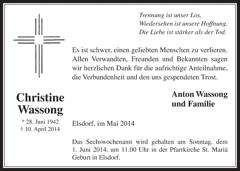  Traueranzeige für Christine Wassong vom 28.05.2014 aus  Werbepost 
