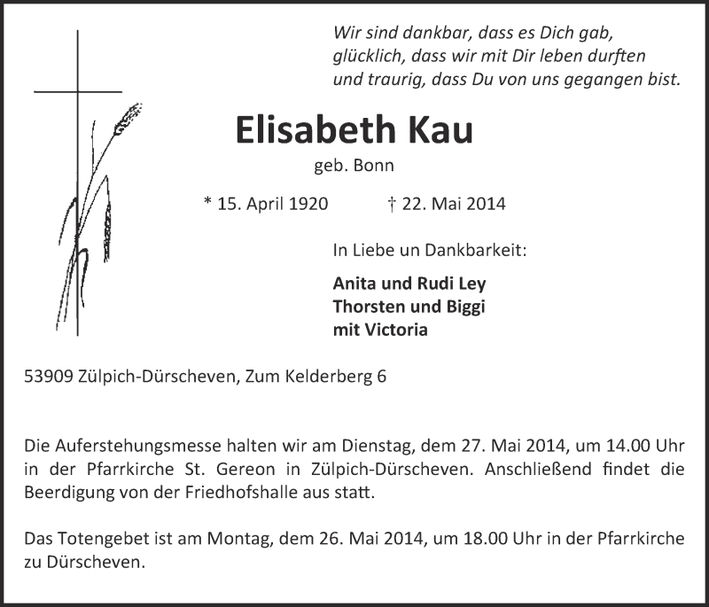  Traueranzeige für Elisabeth Kau vom 25.05.2014 aus  Blickpunkt Euskirchen 
