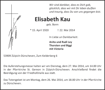 Anzeige von Elisabeth Kau von  Blickpunkt Euskirchen 