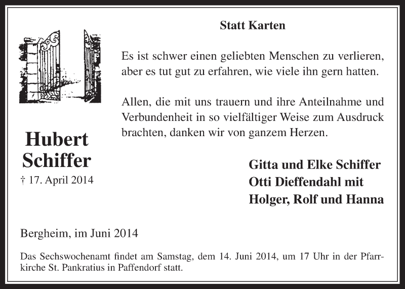  Traueranzeige für Hubert Schiffer vom 11.06.2014 aus  Werbepost 