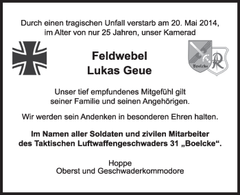 Anzeige von Lukas Geue von  Schlossbote/Werbekurier 