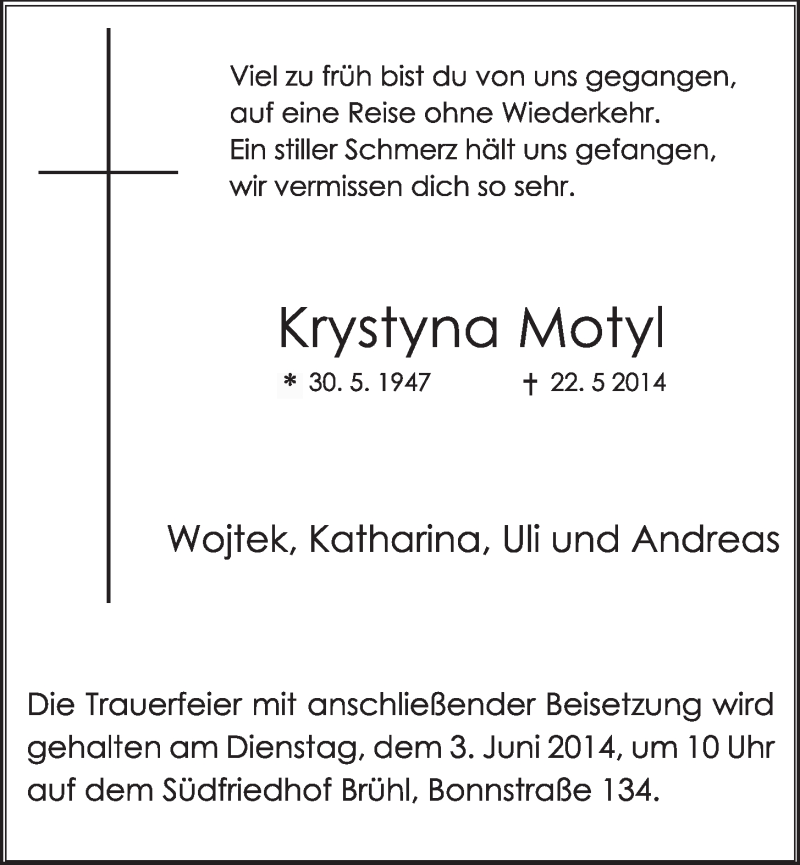  Traueranzeige für Krystyna Motyl vom 28.05.2014 aus  Schlossbote/Werbekurier 