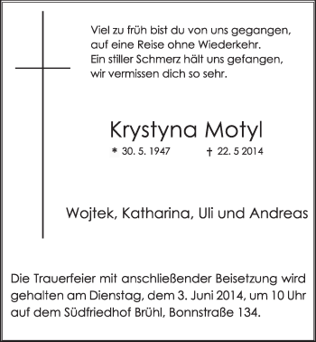 Anzeige von Krystyna Motyl von  Schlossbote/Werbekurier 
