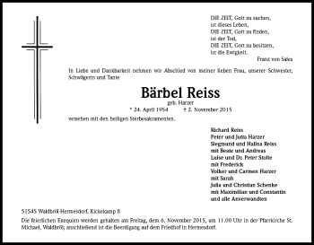 Anzeige von Bärbel Reiss von Kölner Stadt-Anzeiger / Kölnische Rundschau / Express