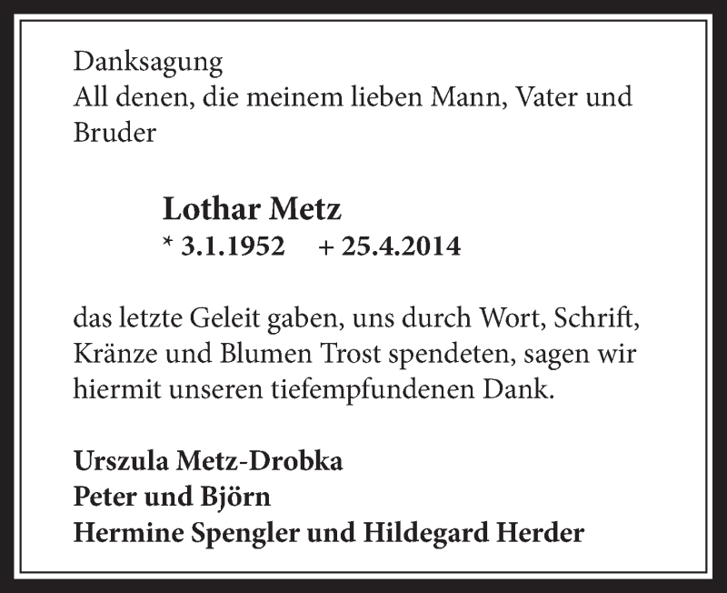  Traueranzeige für Lothar Metz vom 28.05.2014 aus  Wochenende 