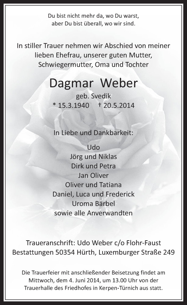  Traueranzeige für Dagmar Weber vom 28.05.2014 aus  Werbepost 