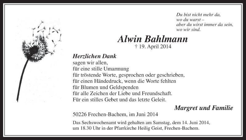  Traueranzeige für Alwin Bahlmann vom 11.06.2014 aus  Wochenende 