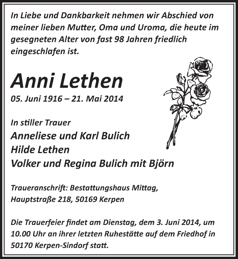  Traueranzeige für Anni Lethen vom 31.05.2014 aus  Sonntags-Post 