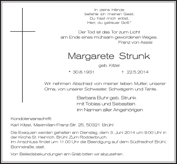 Anzeige von Margarete Strunk von  Schlossbote/Werbekurier 