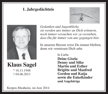 Anzeige von Klaus Sagel von  Werbepost 