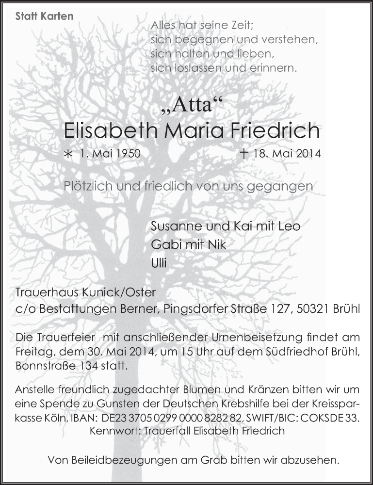  Traueranzeige für Elisabeth Maria Friedrich vom 28.05.2014 aus  Schlossbote/Werbekurier 
