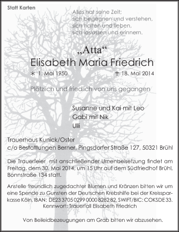 Anzeige von Elisabeth Maria Friedrich von  Schlossbote/Werbekurier 