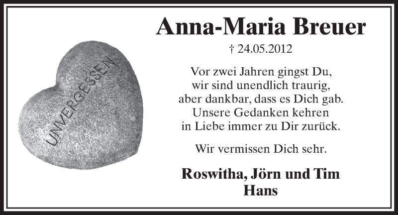  Traueranzeige für Anna-Maria Breuer vom 28.05.2014 aus  Schlossbote/Werbekurier 