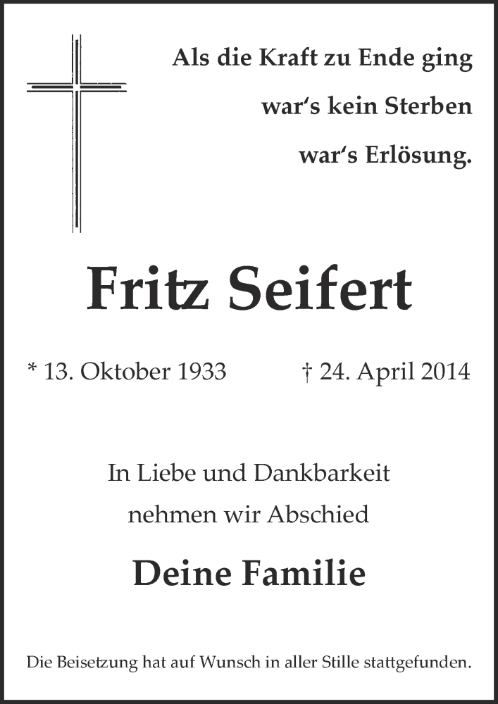  Traueranzeige für Fritz Seifert vom 28.05.2014 aus  Kölner Wochenspiegel 