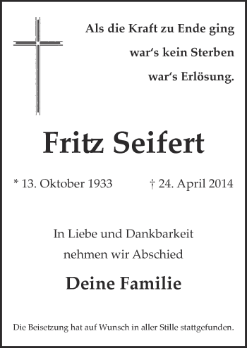 Anzeige von Fritz Seifert von  Kölner Wochenspiegel 