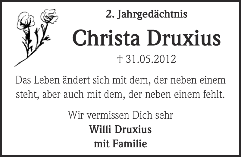  Traueranzeige für Christa Druxius vom 28.05.2014 aus  Kölner Wochenspiegel 