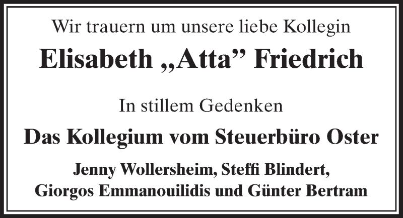  Traueranzeige für Elisabeth Friedrich vom 28.05.2014 aus  Schlossbote/Werbekurier 