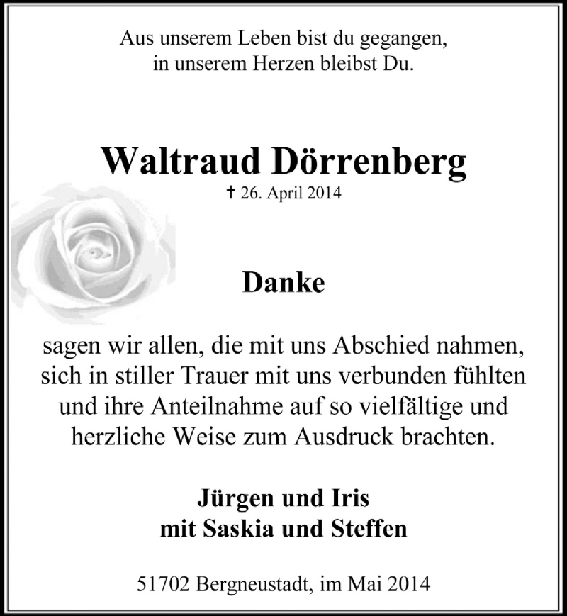  Traueranzeige für Waltraud Dörrenberg vom 28.05.2014 aus  Anzeigen Echo 