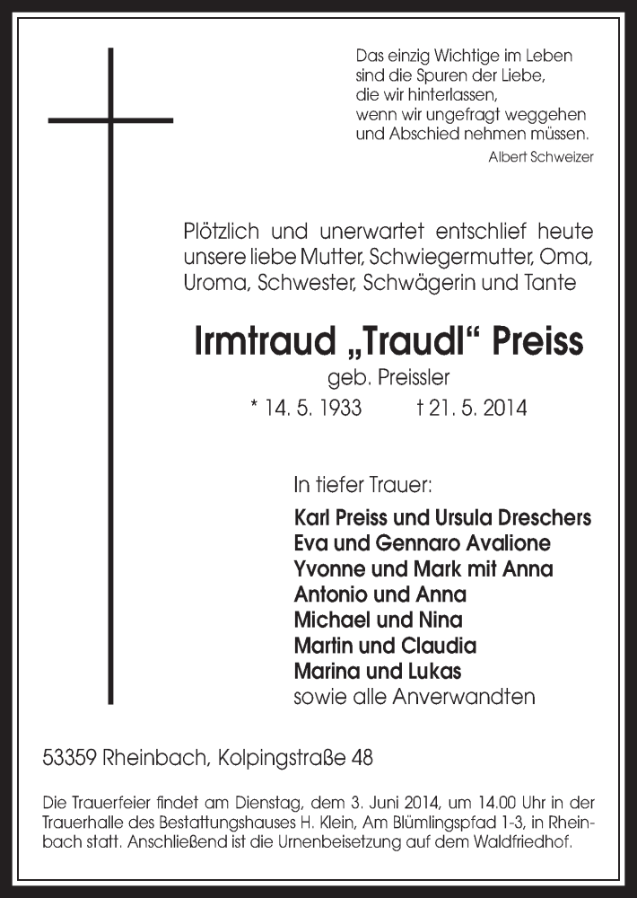  Traueranzeige für Irmtraud Preiss vom 28.05.2014 aus  Schaufenster/Blickpunkt 