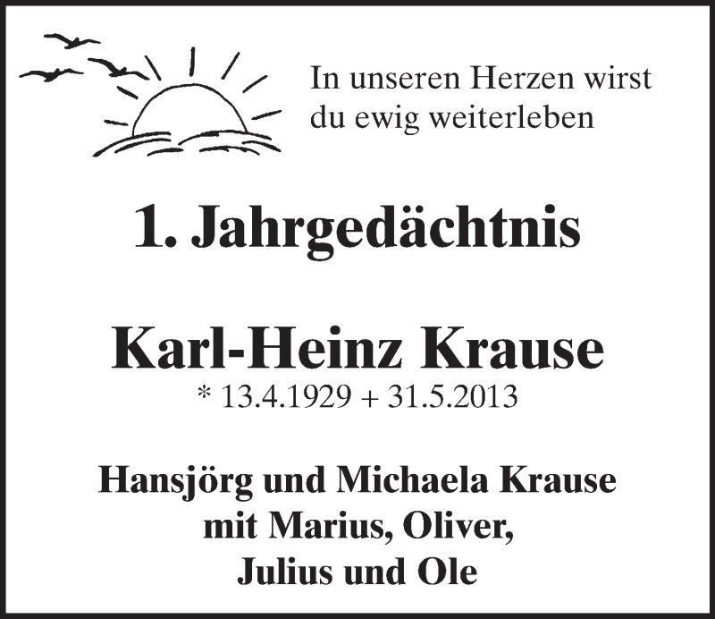  Traueranzeige für Karl-Heinz Krause vom 28.05.2014 aus  Schlossbote/Werbekurier 