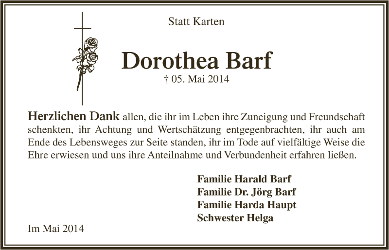 Traueranzeige für Dorothea Barf vom 28.05.2014 aus  Anzeigen Echo  Lokalanzeiger 
