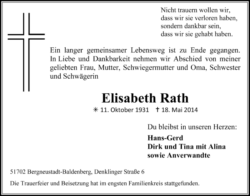  Traueranzeige für Elisabeth Rath vom 28.05.2014 aus  Anzeigen Echo 