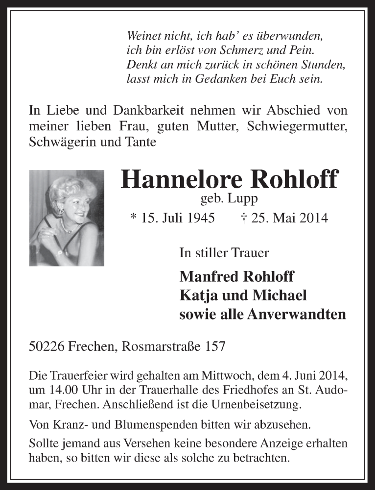  Traueranzeige für Hannelore Rohloff vom 28.05.2014 aus  Wochenende 