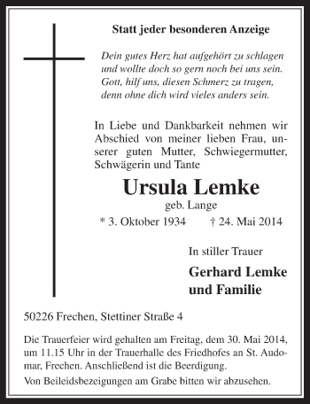 Anzeige von Ursula Lemke von  Wochenende 