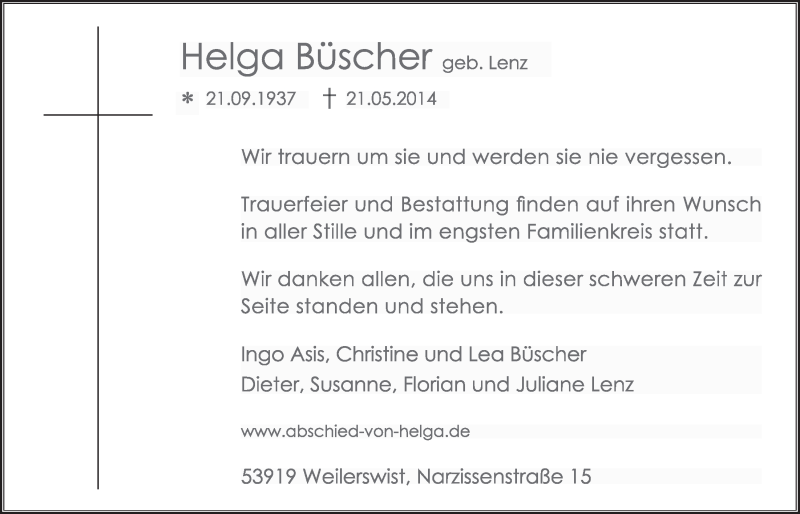  Traueranzeige für Helga Büscher vom 28.05.2014 aus  Schlossbote/Werbekurier 
