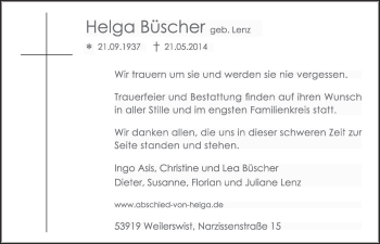 Anzeige von Helga Büscher von  Schlossbote/Werbekurier 