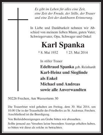 Anzeige von Karl Spanka von  Wochenende 
