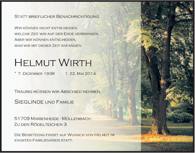  Traueranzeige für Helmut Wirth vom 28.05.2014 aus  Anzeigen Echo 