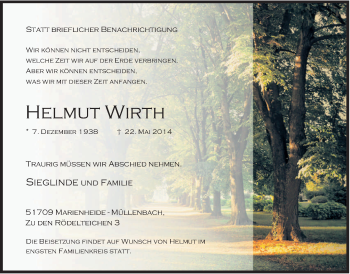 Anzeige von Helmut Wirth von  Anzeigen Echo 