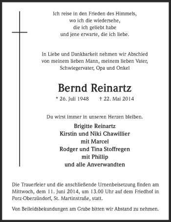 Anzeige von Bernd Reinartz von  Kölner Wochenspiegel 
