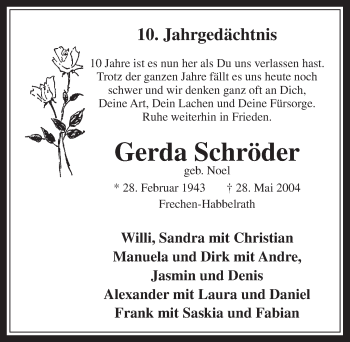 Anzeige von Gerda Schröder von  Wochenende 