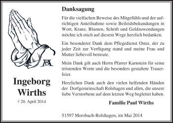 Anzeige von Ingeborg Wirths von  Lokalanzeiger 