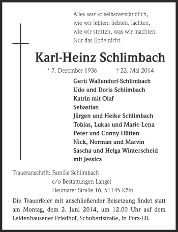 Anzeige von Karl-Heinz Schlimbach von  Kölner Wochenspiegel 