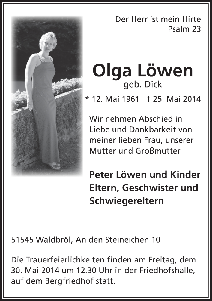  Traueranzeige für Olga Löwen vom 28.05.2014 aus  Lokalanzeiger 