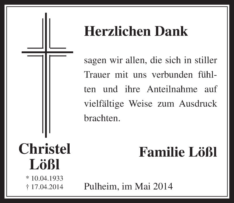 Traueranzeige für Christel Lößl vom 28.05.2014 aus  Wochenende 