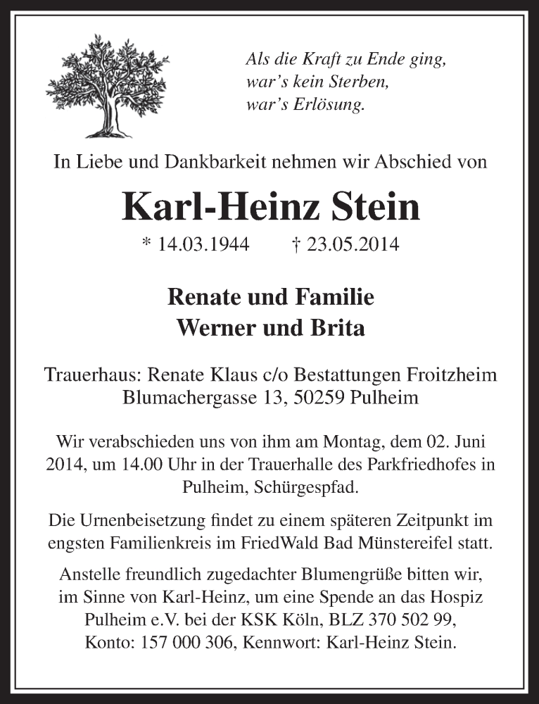  Traueranzeige für Karl-Heinz Stein vom 28.05.2014 aus  Wochenende 