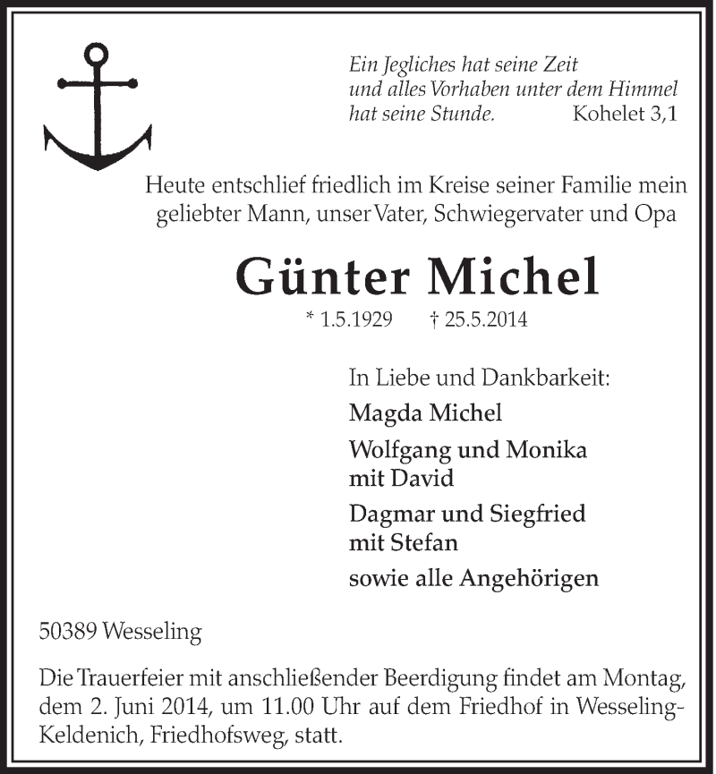  Traueranzeige für Günter Michel vom 28.05.2014 aus  Schlossbote/Werbekurier 