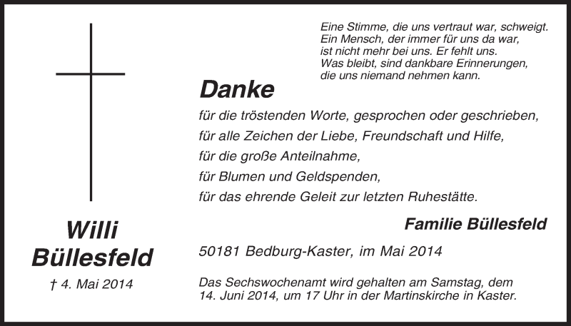  Traueranzeige für Willi Büllesfeld vom 04.06.2014 aus  Werbepost 