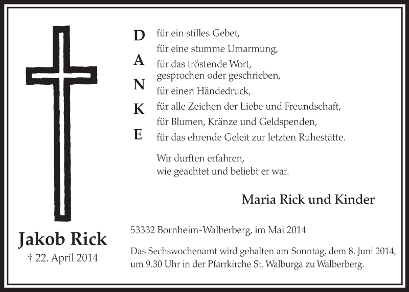  Traueranzeige für Jakob Rick vom 28.05.2014 aus  Schlossbote/Werbekurier 