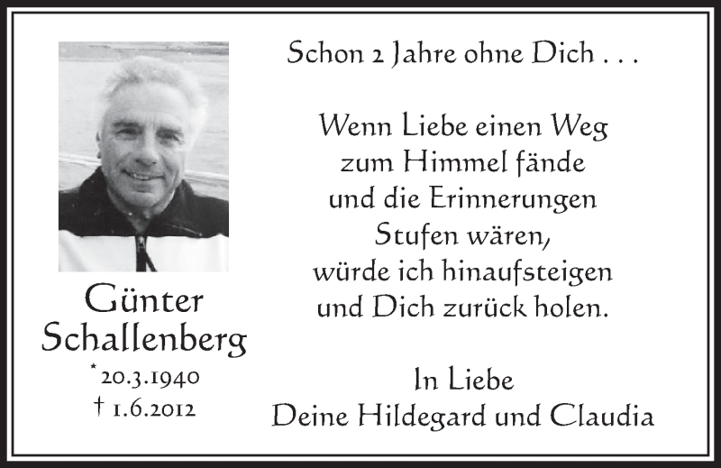  Traueranzeige für Günter Schallenberg vom 04.06.2014 aus  Schlossbote/Werbekurier 