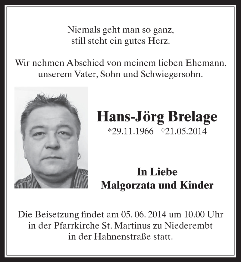  Traueranzeige für Hans-Jörg Brelage vom 31.05.2014 aus  Sonntags-Post 