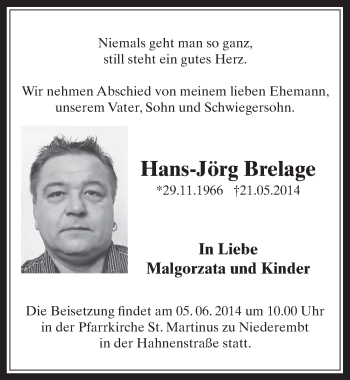 Anzeige von Hans-Jörg Brelage von  Sonntags-Post 