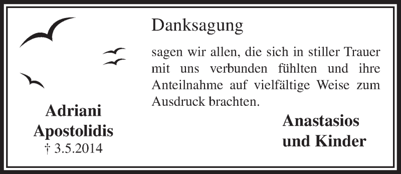  Traueranzeige für Adriani Apostolidis vom 28.05.2014 aus  Bergisches Handelsblatt 